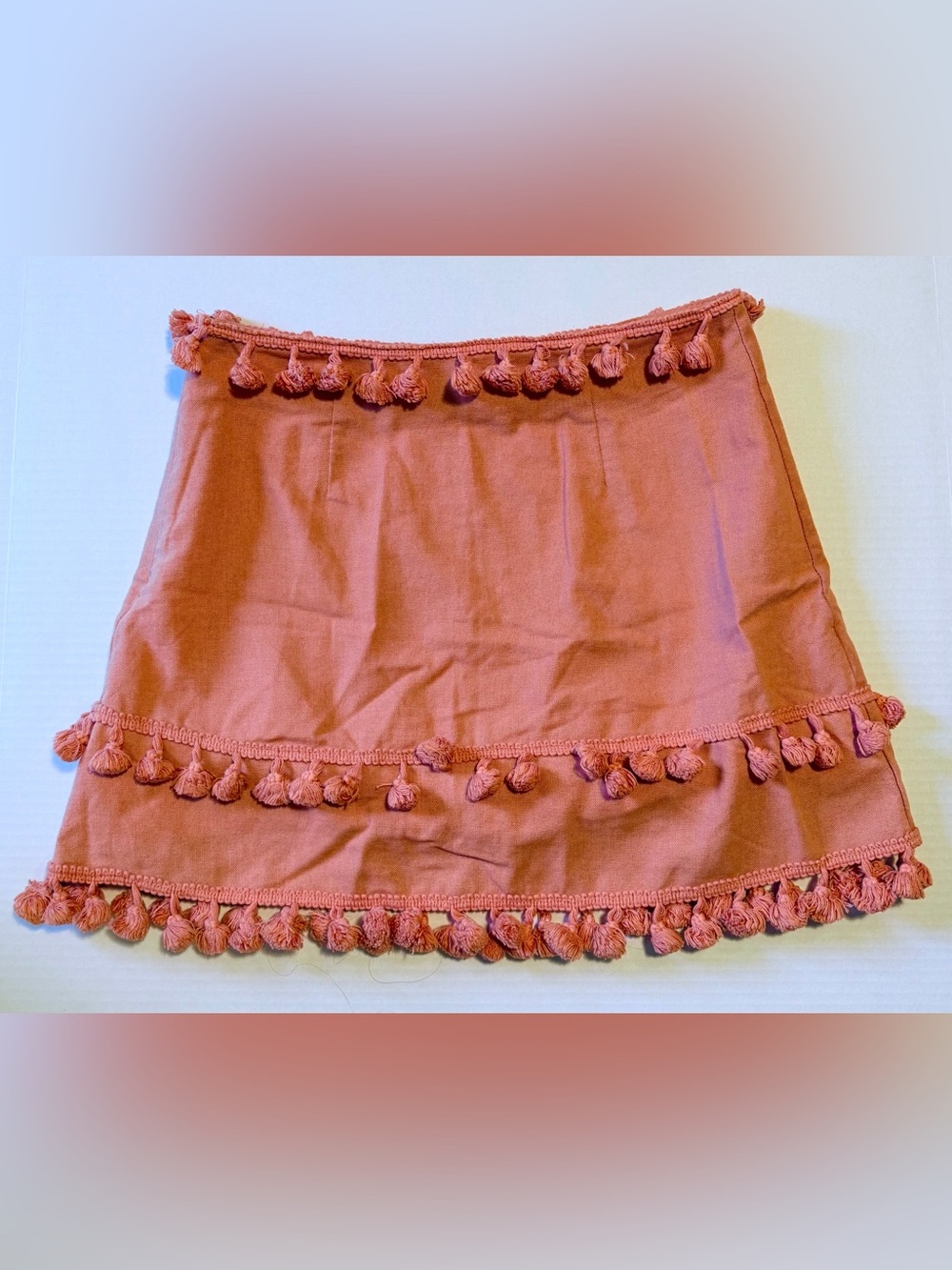 Boho Coral Orange Tassel Pom Pom Fringe Mini Skirt Small Festival Wear Beach S